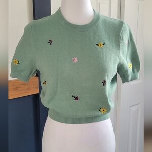 Cotton On Cropped Green Knit Sweater with Floral Embroidery, Women's Small